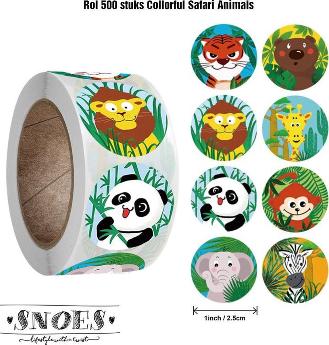 Snoes - sluitstickers 500 stuks - stickerrol - Collorfull Happy Jungle Animals - beloningsstickers - stickers voor kinderen - schoolspullen - onderwijs - peuters - kleuters - Safari en Jungle dieren - cadeau - kado - inpakken
