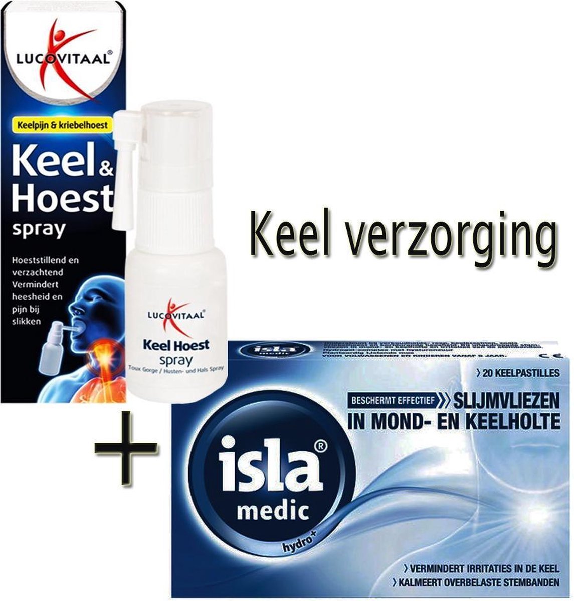 Keelverzorging pakket: 1x Lucovitaal - Keel Hoest Spray - 20 ml*8713713041018 met 1x Isla Medic keelpastilles 20st*4104480462023