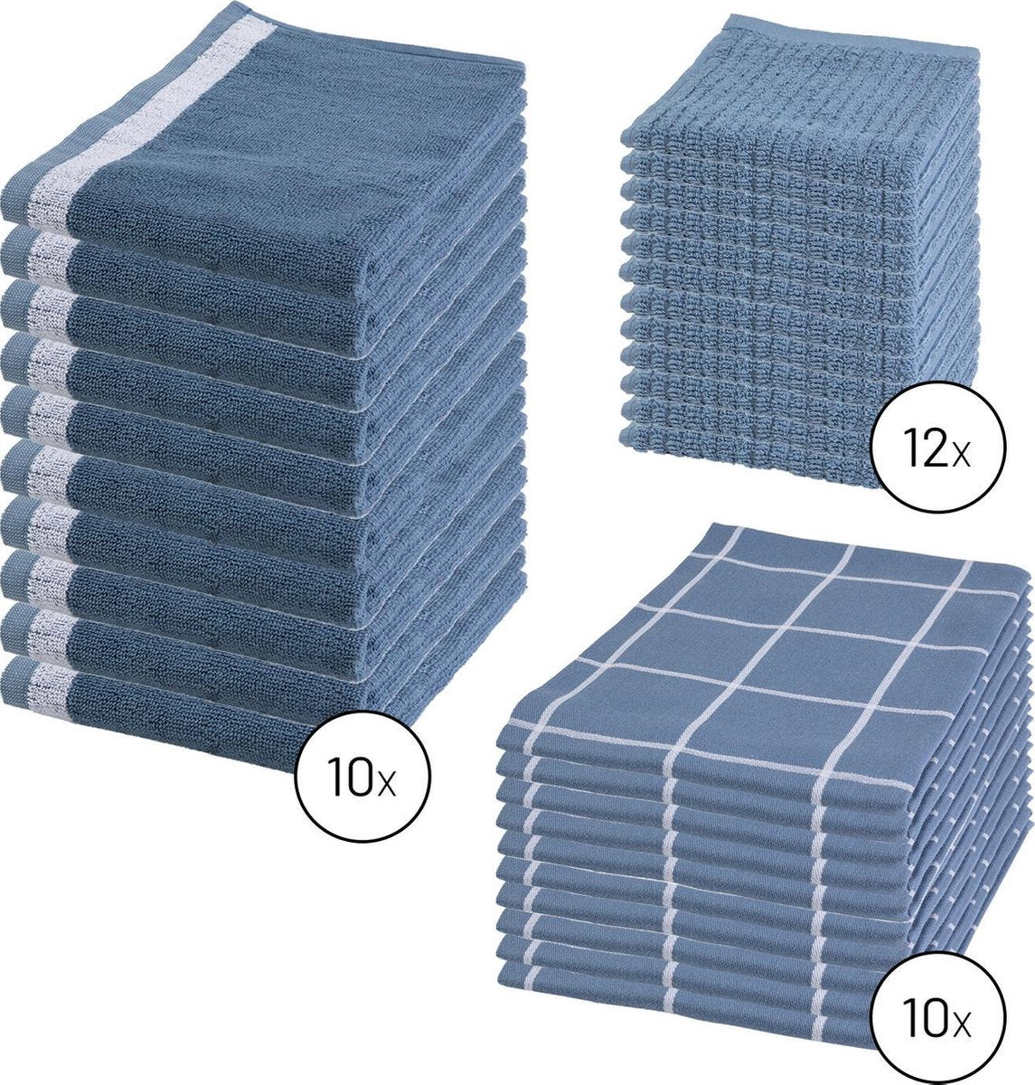 Byrklund Set Blauw - 10x Theedoek 50x70cm + 10x Keukendoek 50x50cm + 12x Vaatdoek 30x30cm