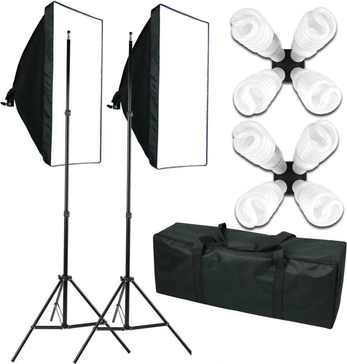 2x fotostudio softboxen met statieven en 8 fotostudio lampen