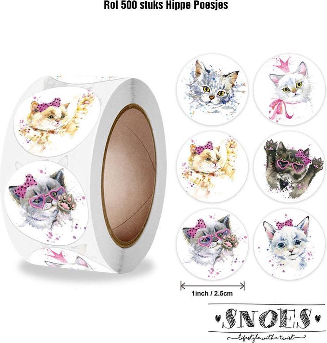 Snoes - sluitstickers 500 stuks - stickerrol - Hippe Poesjes - beloningsstickers - stickers voor kinderen - schoolspullen - onderwijs - stickervellen - peuters - kleuters - stickers poezen/katten - cadeau - kado - inpakken - verjaardag