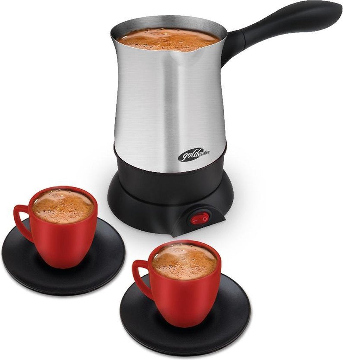 GoldMaster GM-7382 Koffie set  (Zilveren Koffiekan + 2 rode kopjes)