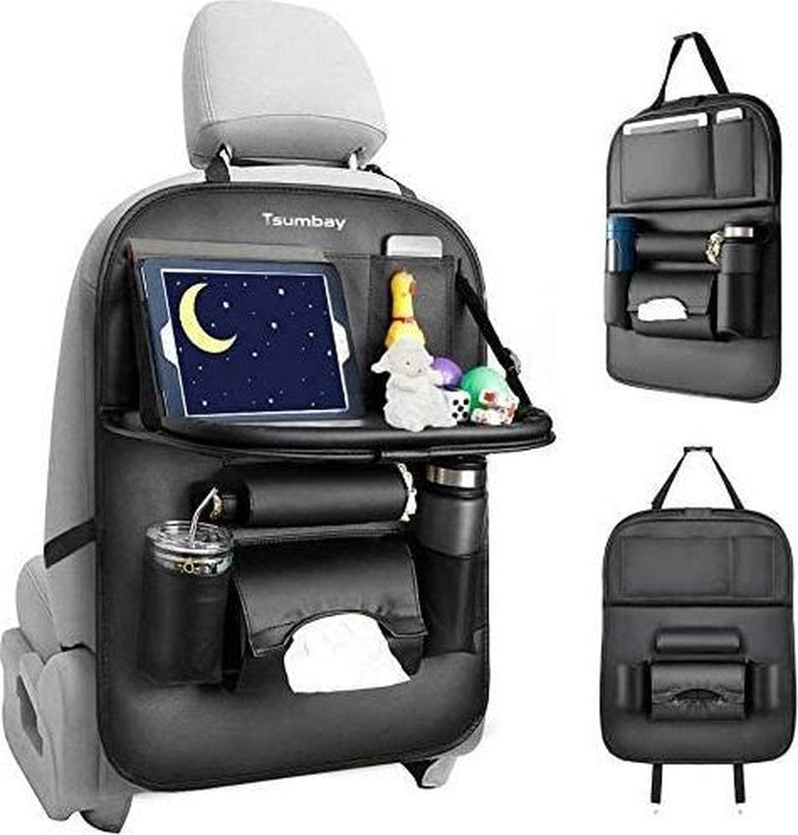 HN® Auto organizer met dienblad en opbergvakken - Lederen reistafel met vakken voor eten