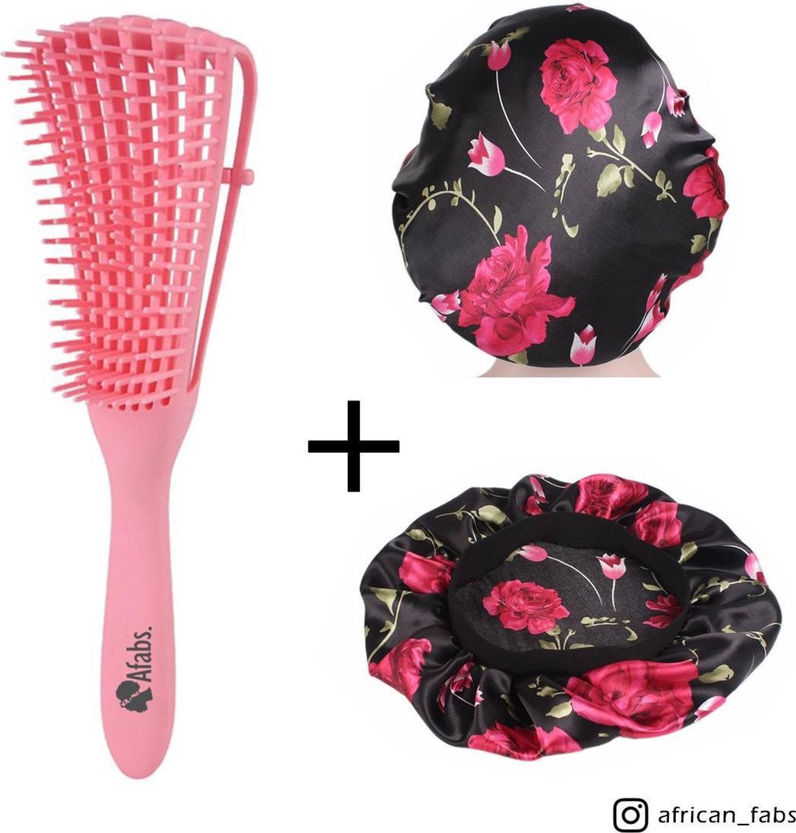 Afabs® Roze Anti-klit Haarborstel + Zwarte bloemen satijnen slaapmuts | Detangler brush | Detangling brush | Satin cap / Hair bonnet / Satijnen nachtmuts / Satin bonnet | Kam voor Krullen | Kroes haar borstel