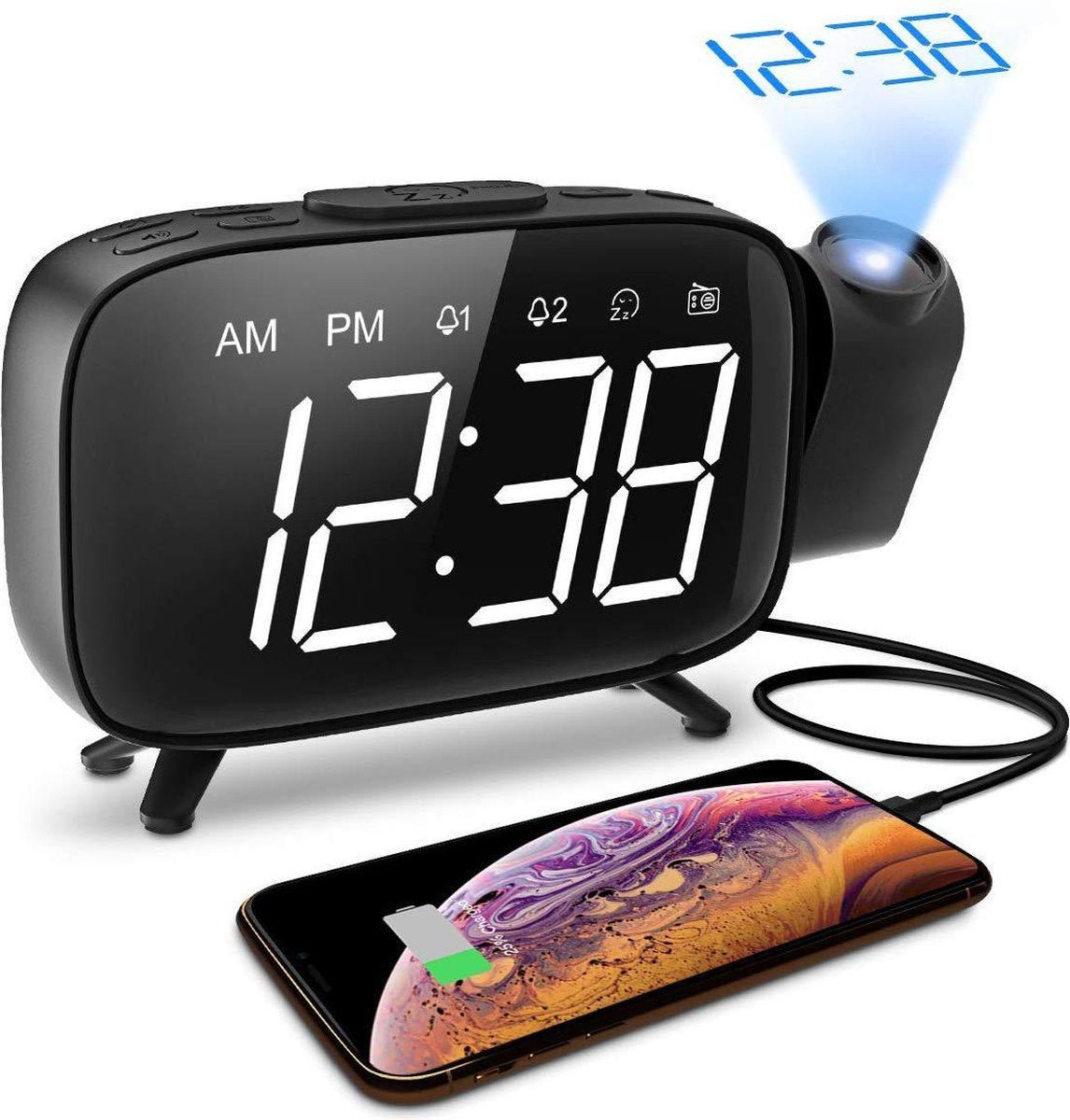 FettleLife Wekkerradio met Projectie - Digitale Wekker Radio met Oplader USB - Projectiewekker - Wekkers Digitaal Slaapkamer