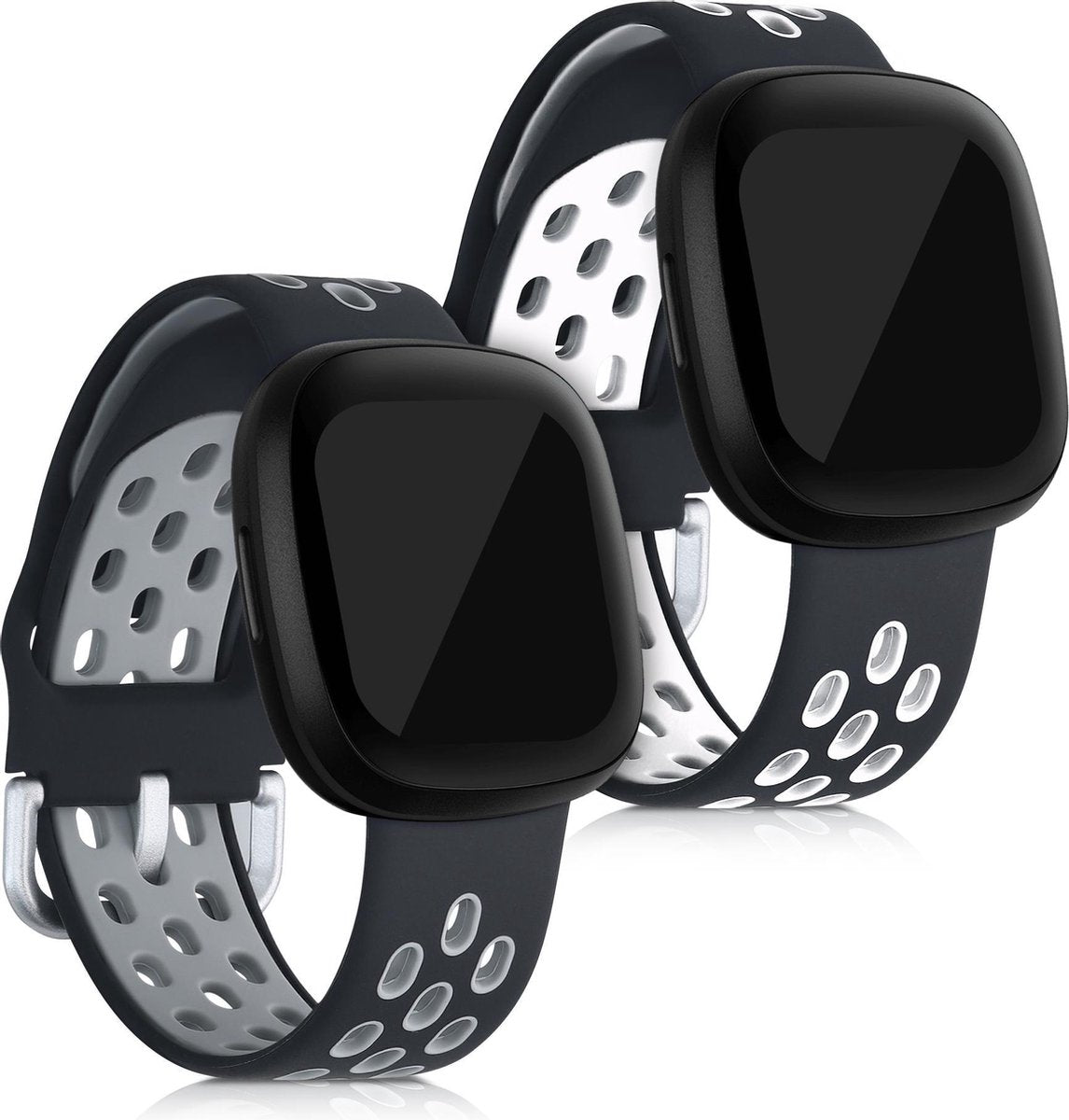 kwmobile 2x horlogeband voor Fitbit Versa 3 / Sense - siliconen band voor fitnesstracker - zwart / wit / zwart / grijs