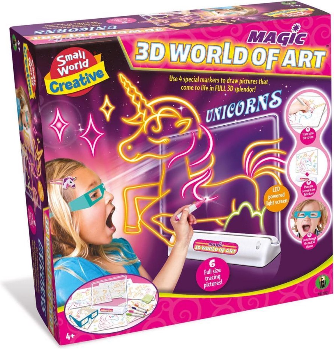 Small World Creative 3D Tekenbord Eenhoorns + 4 Markers + 3D Bril
