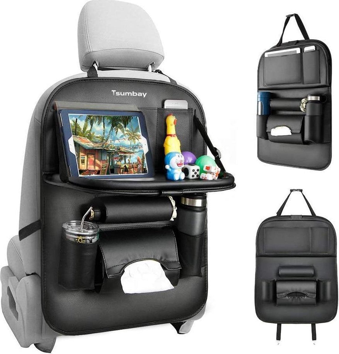 Auto Rugleuning Beschermer (2 stuks) - Waterdichte Autostoel Organizer - Tablet Houder - Telefoon - Opbergtas- Echt Leder