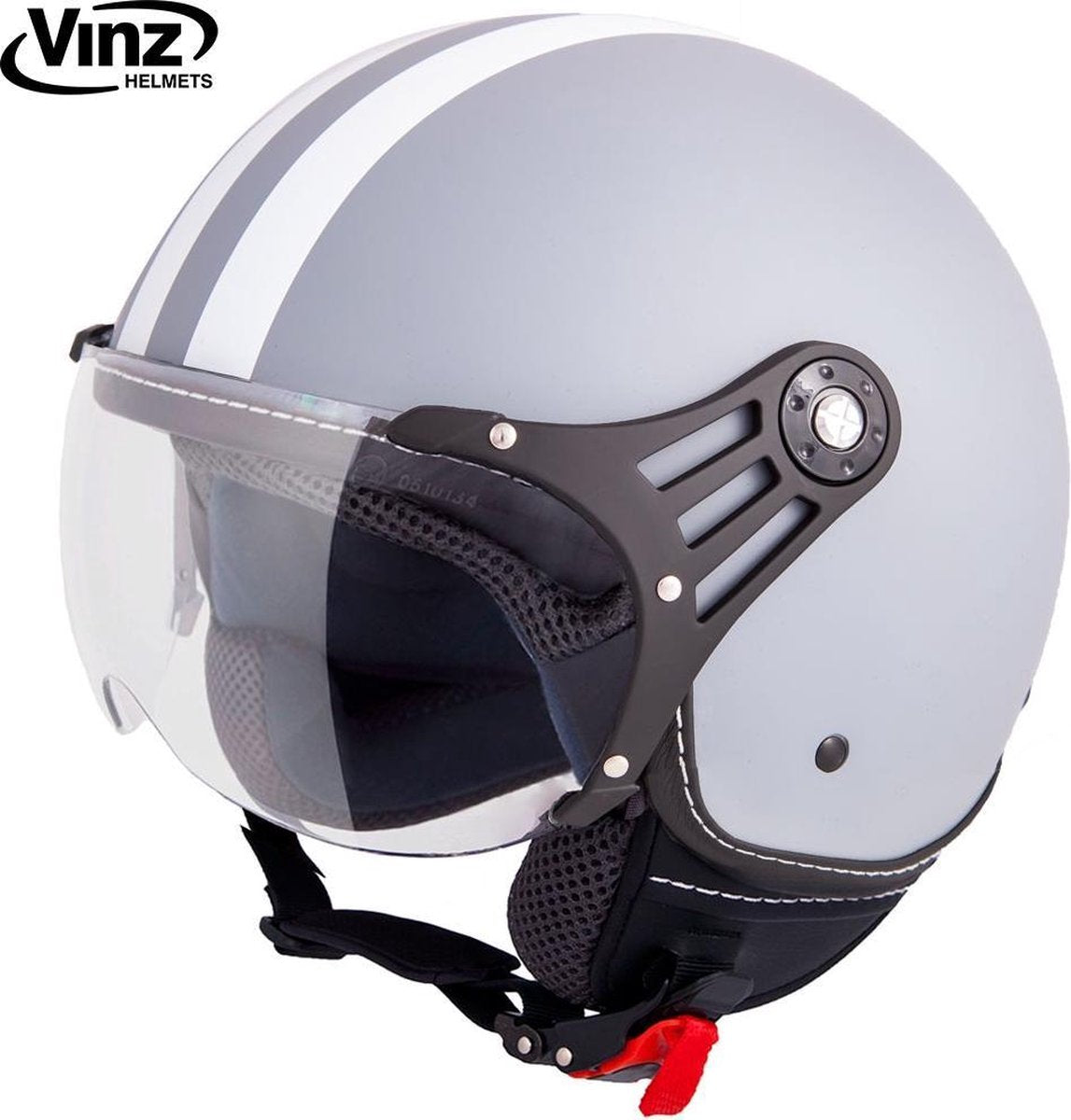Vinz Fiori Jethelm Mat Grijs met Witte Strepen / Scooterhelm / Brommerhelm / Motorhelm / Fashionhelm voor Scooter / Vespa / Brommer / Motor