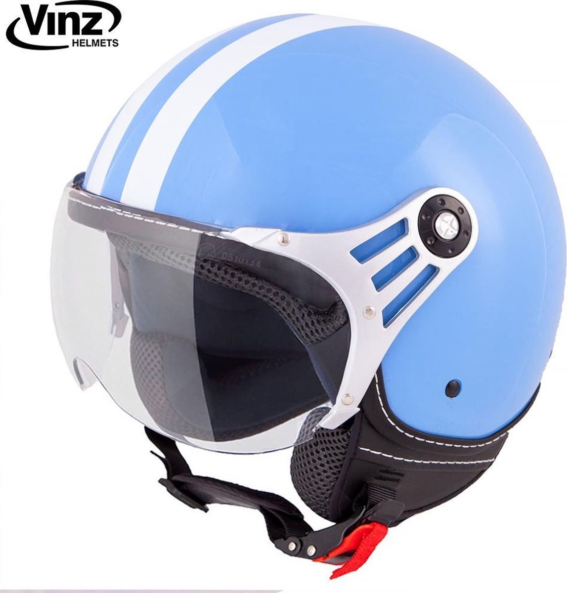 Vinz Fiori Jethelm Blauw met Witte Strepen / Scooterhelm / Brommerhelm / Motorhelm / Fashionhelm voor Scooter / Vespa / Brommer / Motor