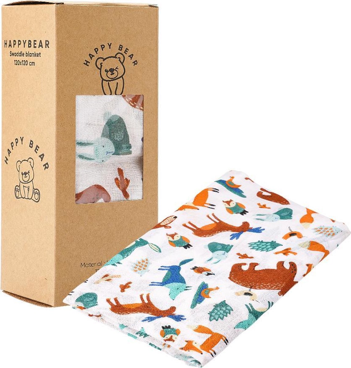 HappyBear - Hydrofiele swaddle doek – Bosdieren | 120cm x 120cm | Inbakerdoek