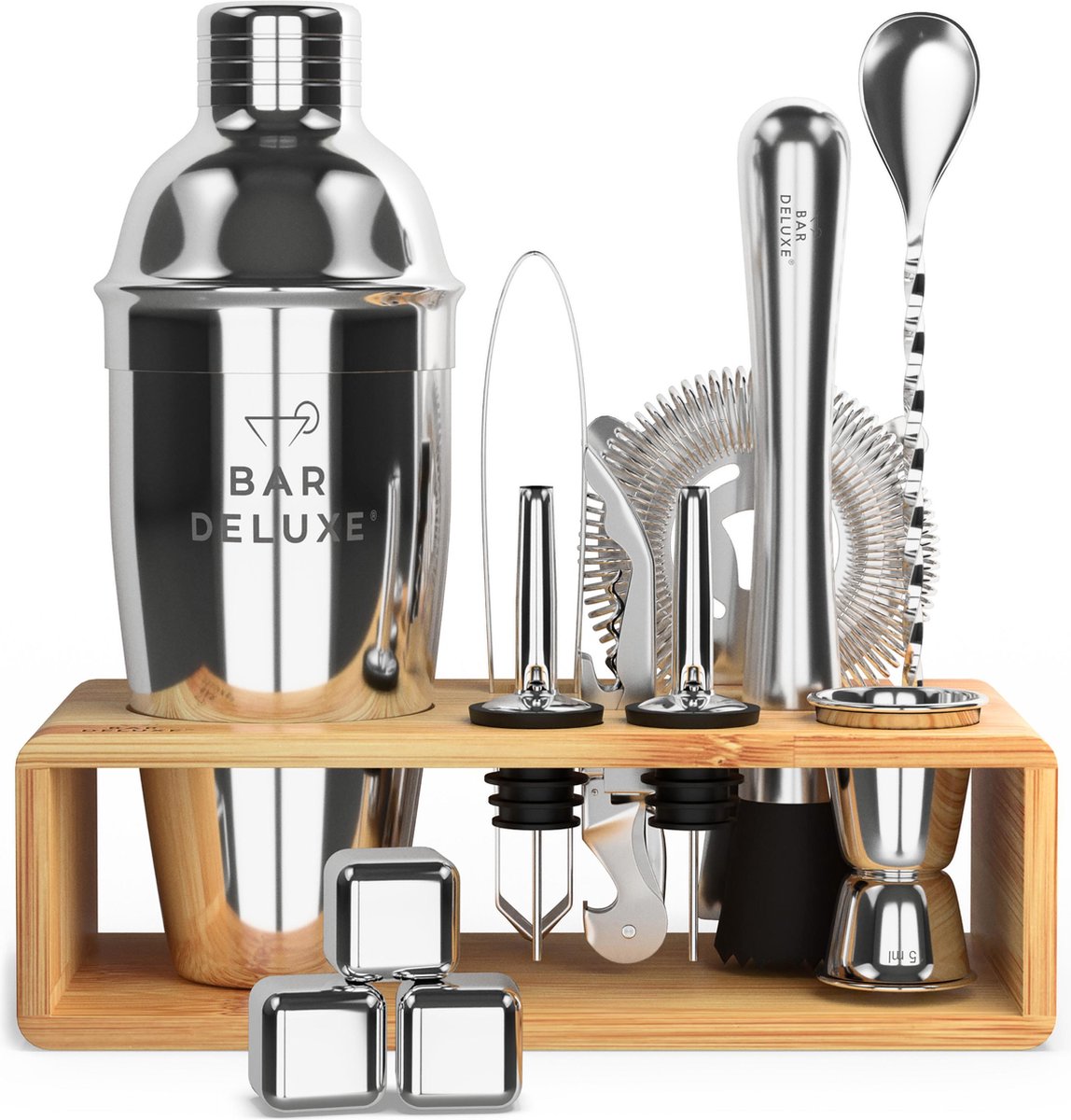 Cocktail Set met Bamboe Standaard - BarDeluxe® - 13-Delige Cocktailset - Inclusief Receptenboek & WhiskeyStones