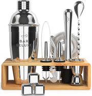 Cocktail Set met Bamboe Standaard - BarDeluxe® - 13-Delige Cocktailset - Inclusief Receptenboek & WhiskeyStones