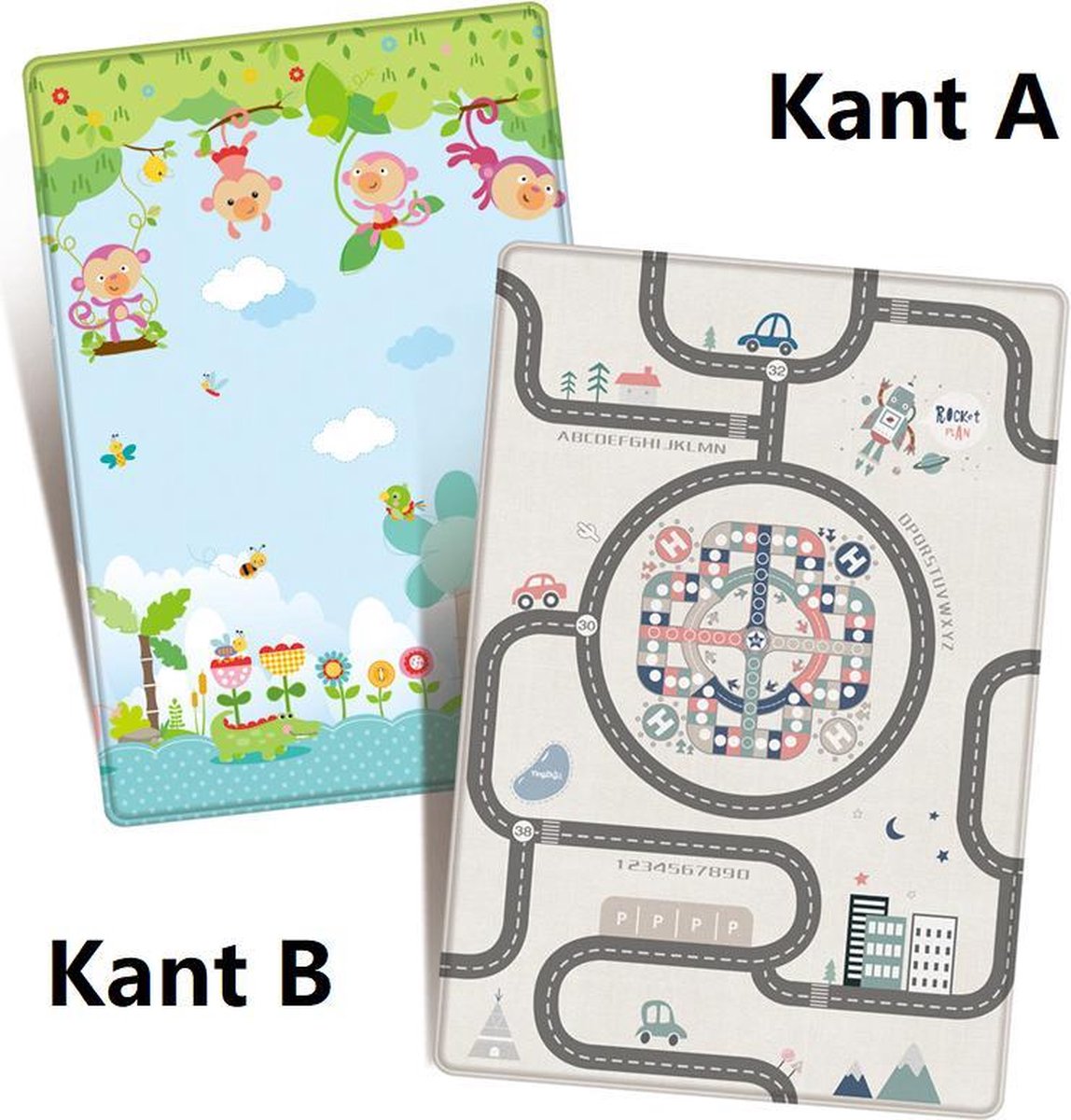 ViKids XXL Dubbelzijdige Speelkleed met Autoweg & Ludo 16 delig 200*180*1CM - Anti-val & Opvouwbaar & Waterbestendig Speelmat - Foamen Speeltapijt - Dieren & Autoweg & Baby lengte meting