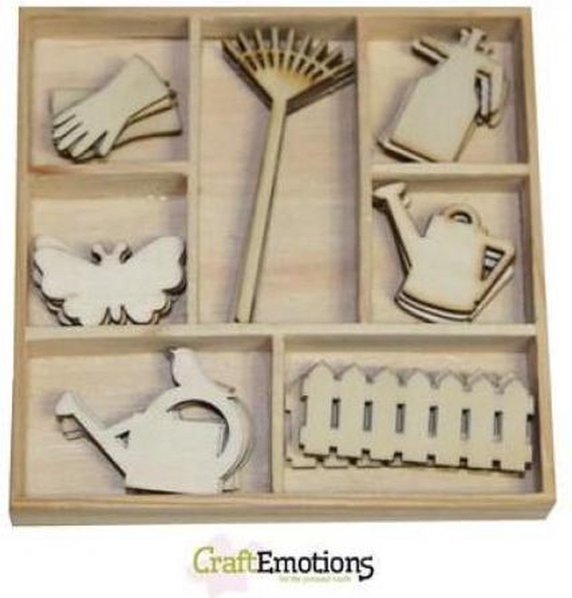 CraftEmotions Houten ornamenten - Tuingereedschap 35 assorti  - box 10.5 x 10.5 cm