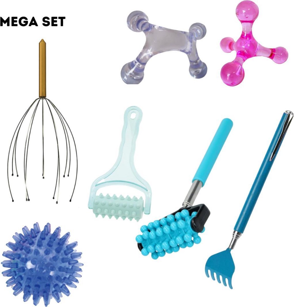 Mega Massage set - Tools - Jacknobber - Palmassager - Hoofdspin - Hoofdhuid -  Ruggenkrabber - Gezicht - Roller - Bal - Mix kleur