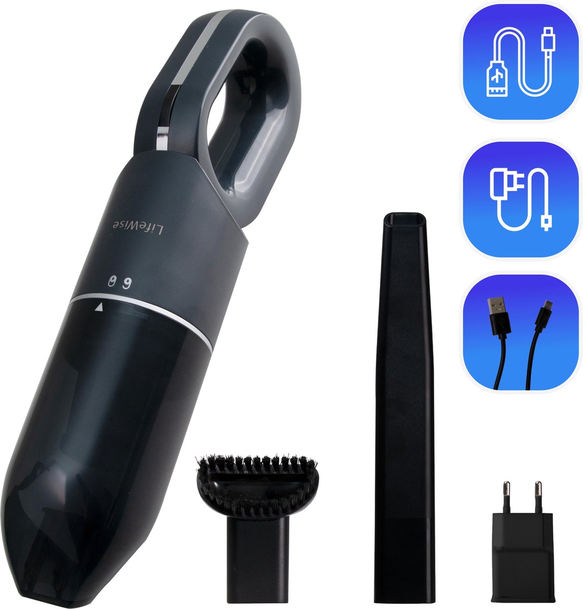 LifeWise Kruimeldief Snoerloos - Oplaadbaar via USB + Stopcontact - Wasbaar HEPA Filter - 2 Opzetstukken