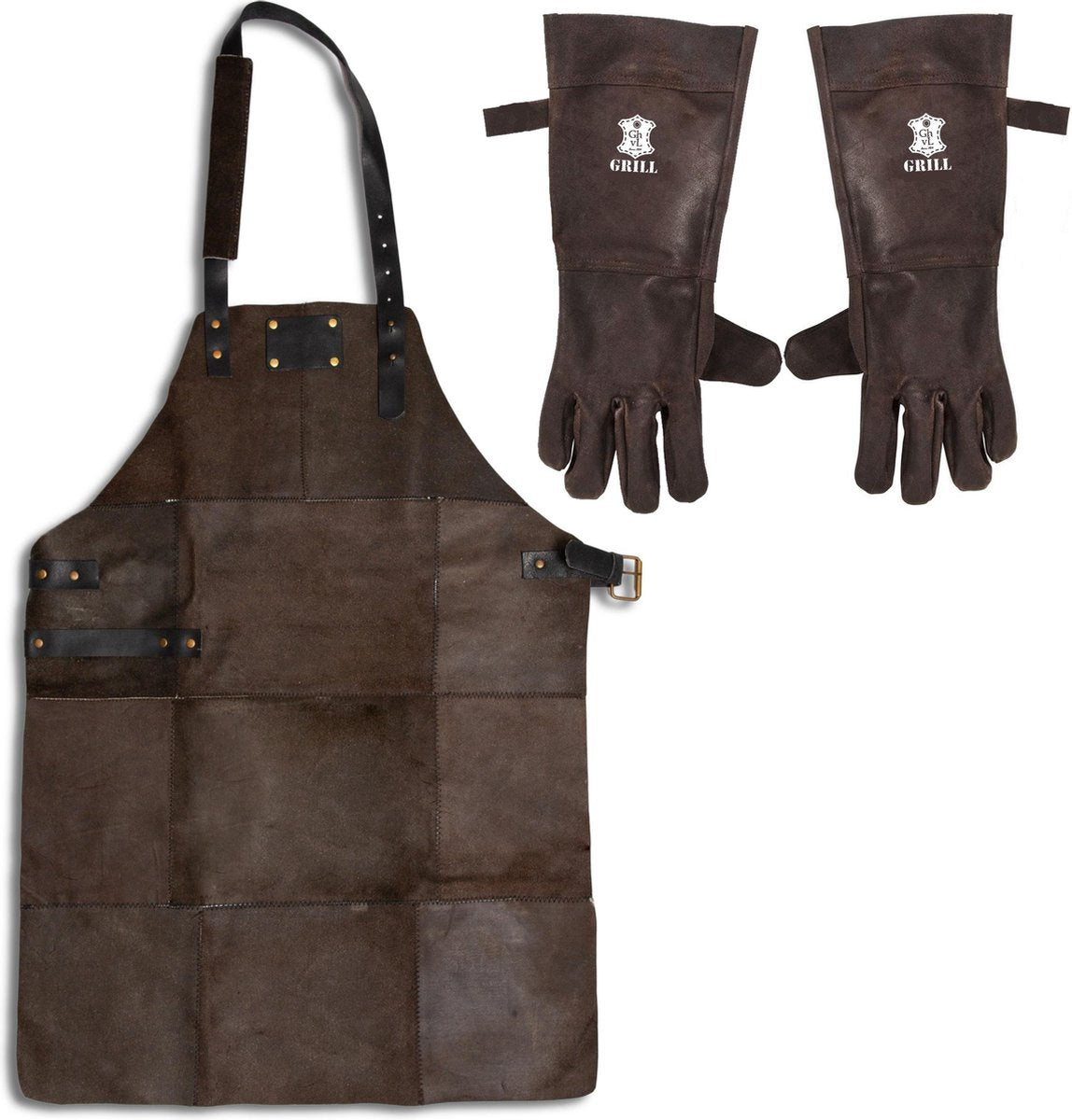 Leren Schort Donker Bruin met Handschoenen – Soepel - Barbecueschort - Kookschort Man – 81 x 56 cm