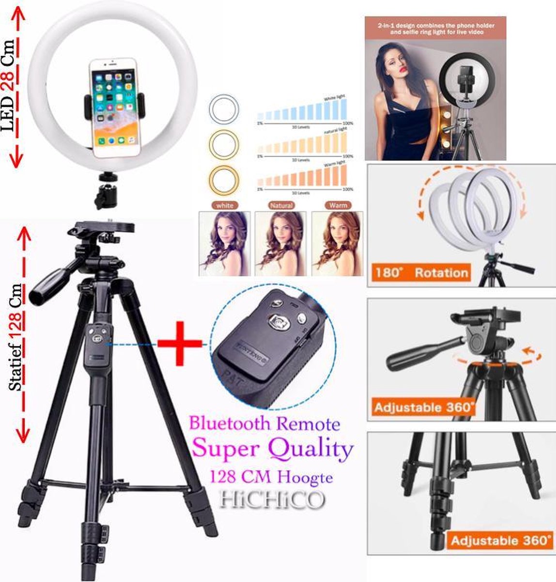 LED Ring Lamp 28Cm + Super Tripod Camera Statief 128 Cm Zwart Inclusief Bluetooth Remote Shutter – HiCHiCO