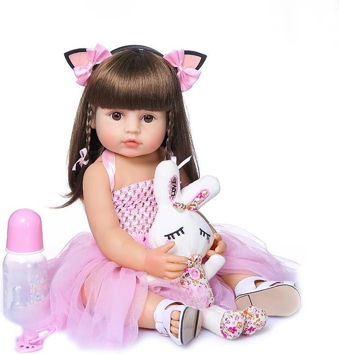Reborn baby pop 'Mara' - 55 cm / 22 inch - Pop met lang bruin haar - Jurkje