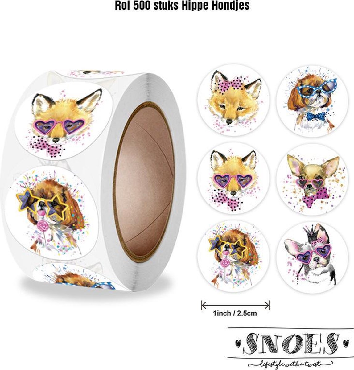Snoes - sluitstickers 500 stuks - stickerrol - Hippe Hondjes Dog stickers - beloningsstickers - stickers voor kinderen - schoolspullen - onderwijs - stickervellen - peuters - kleuters - Hippe Hondjes - Honden sticker - cadeau - kado - inpakken