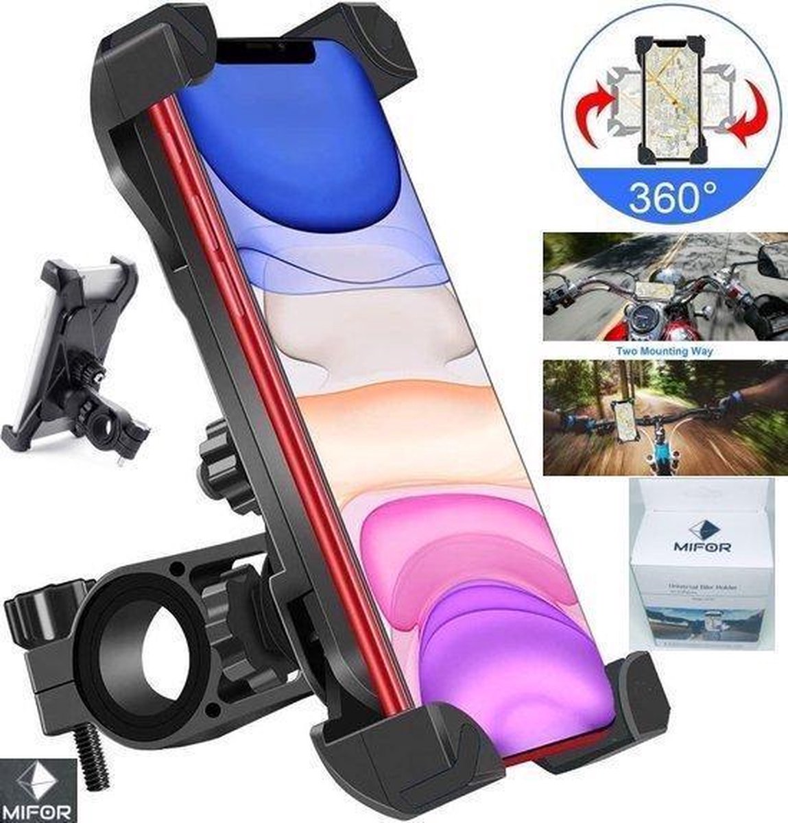MIFOR® Universeel Telefoonhouder fiets -Origineel -Schokbestendig -MODEL 2020 -Stevige Mobiel houder Fiets - Fietshouder voor Smartphone – Verstelbaar  GSM houder fiets -100% safe -Luxe telefoonhouder -Bike Mount -Ook bruikbaar voor Scooter en Motor