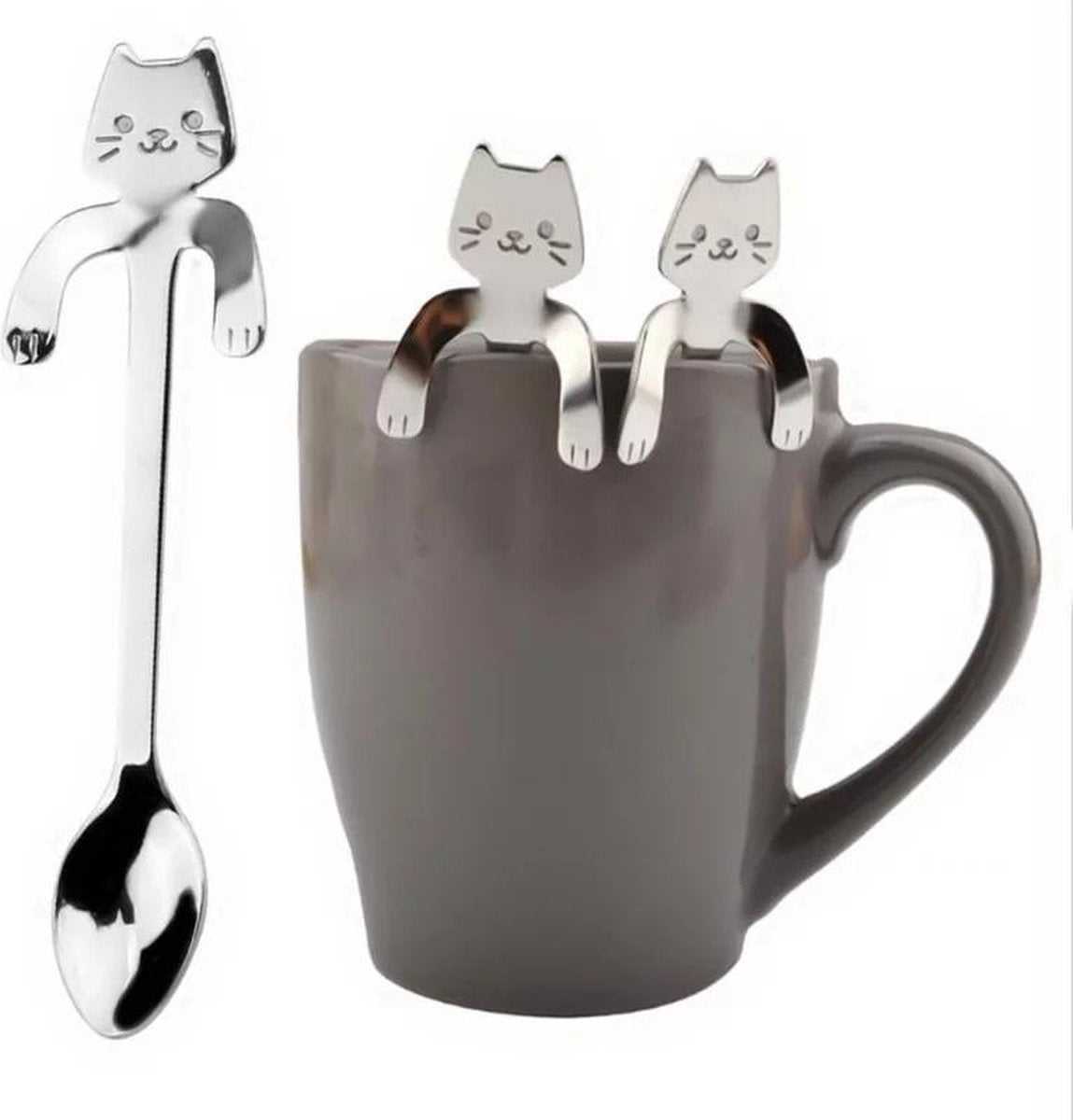 Kattenhebbedingen - Theelepels - koffie lepeltjes- Hangende kat - 4 stuks - zilver