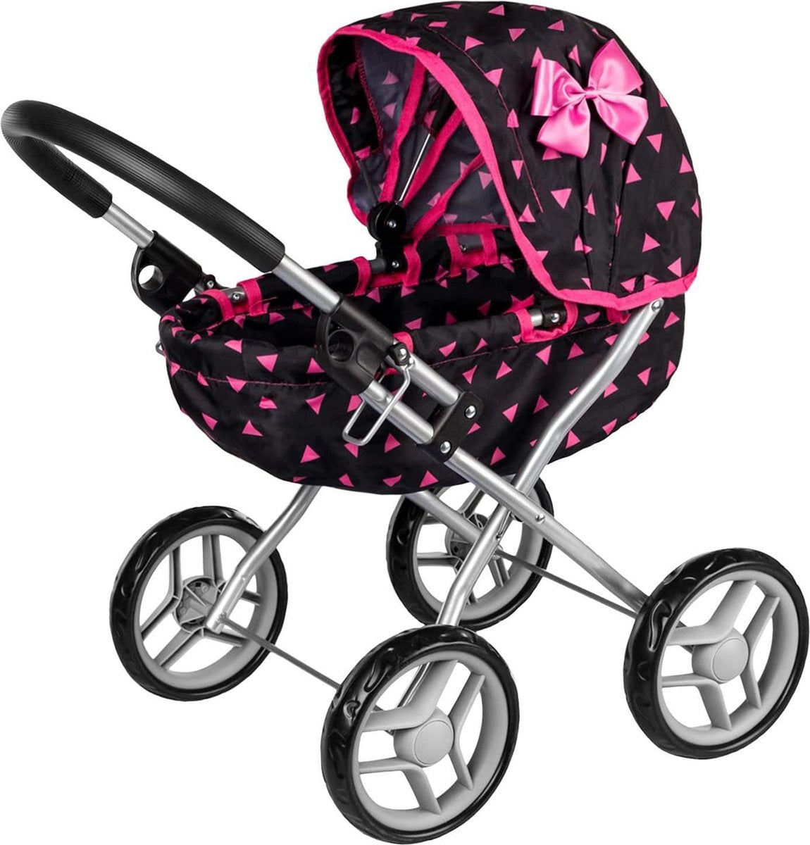 PoppenWagen-KP0260R Doll's PRAM POP's Trolley Toy Doll Accessoire Zwart / Roze Versie van de Gondola Pram - (WK 02122)