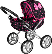PoppenWagen-KP0260R Doll's PRAM POP's Trolley Toy Doll Accessoire Zwart / Roze Versie van de Gondola Pram - (WK 02122)