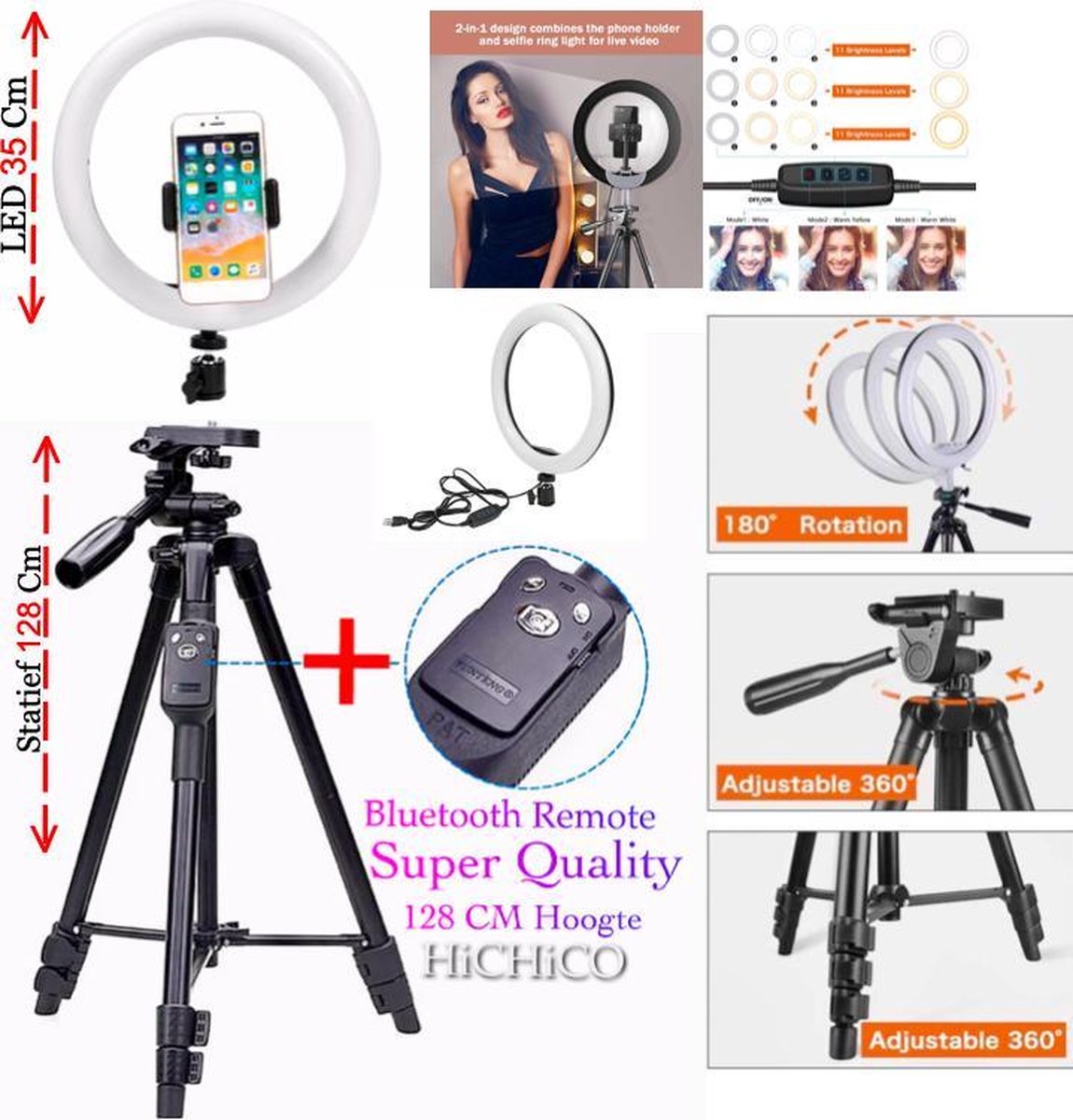 LED Ring Lamp 35 Cm + Super Tripod Camera Statief 128 Cm Zwart Inclusief Bluetooth Remote Shutter – HiCHiCO