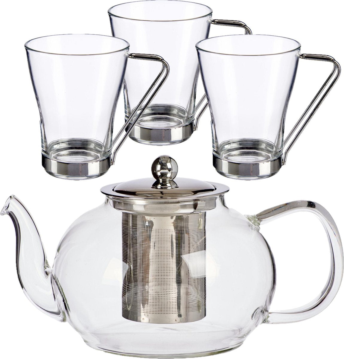 Glazen theepot met filter/infuser van 1100 ml met 3x stuks theeglazen van 240 ml