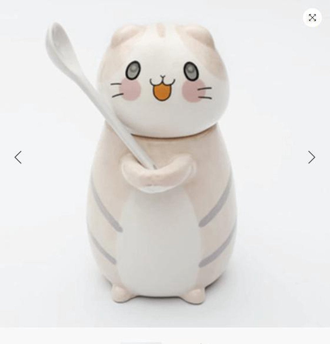 Mok / beker lachende poes met hoofd en lepel wit