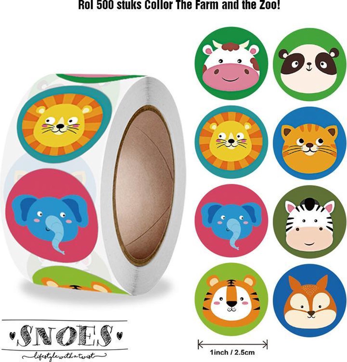 Snoes - sluitstickers 500 stuks - stickerrol - Collor The Farm & the Zoo Pink Elephant - beloningsstickers - stickers voor kinderen - schoolspullen - onderwijs - peuters - kleuters - Boerderij en Dierentuin dieren - cadeau - kado - inpakken