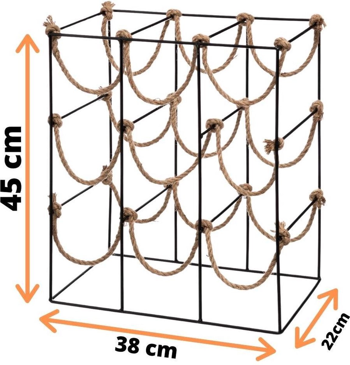 Orange85 - Wijnrek met Touw - 9 flessen - Jute - Metaal - Opslag - Zwart - Bruin