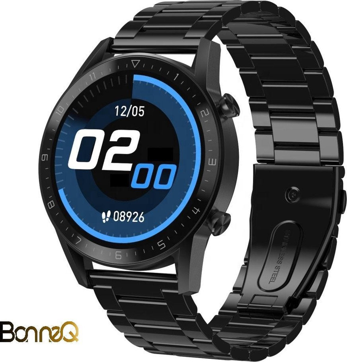 BonneQ Royal - Stappenteller - Stappenteller horloge dames - heren - Calorieënverbruik - Hartslagmeter - Ontvang inkomende berichten (social media) - Bellen- Slaaptracker - Bloeddrukmeter - Online Nederlandse handleiding – Zwart