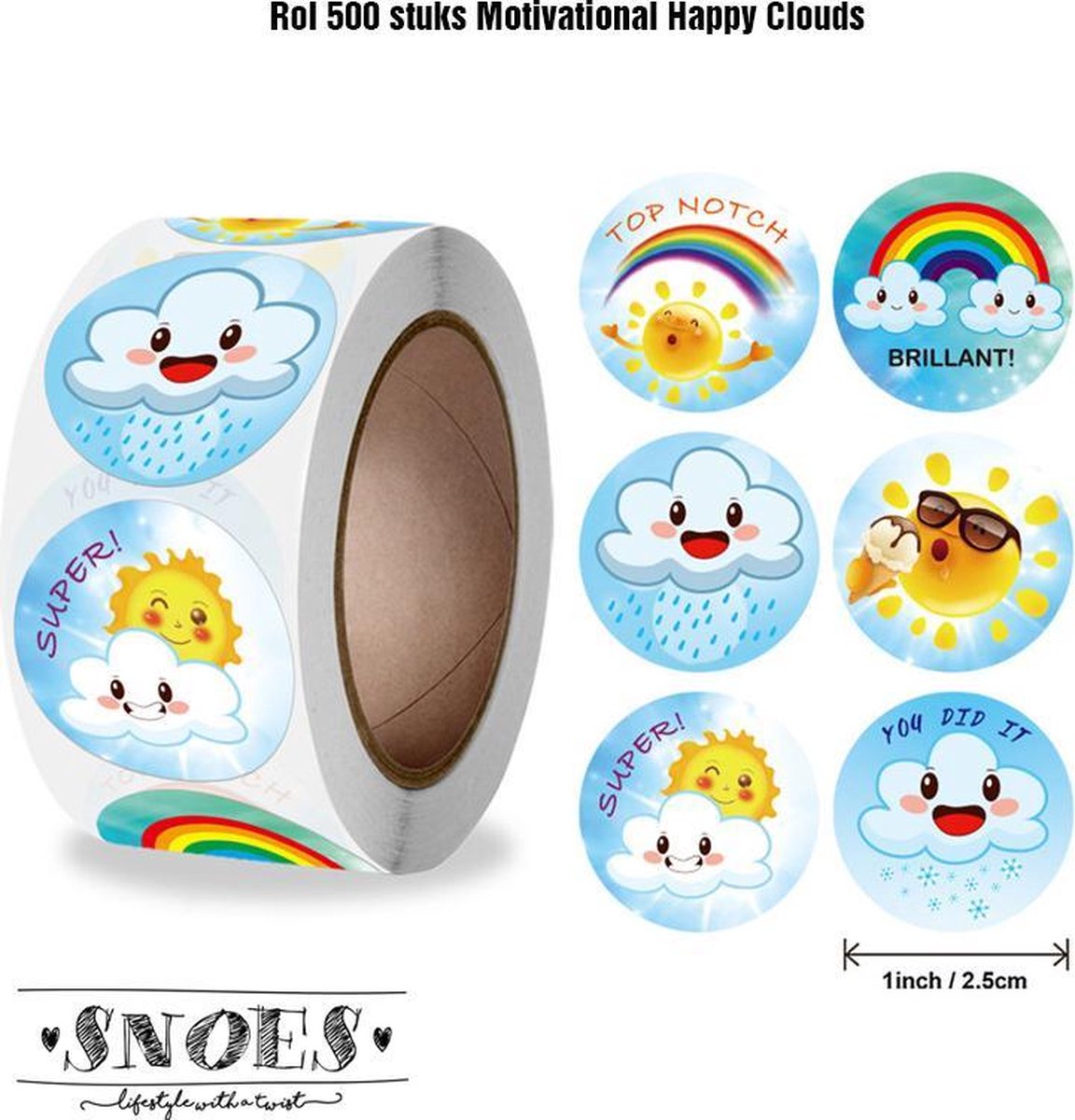 Snoes - sluitstickers 500 stuks - stickerrol - Wolken stickers - beloningsstickers - stickers voor kinderen - schoolspullen - onderwijs - stickervellen - peuters - kleuters - motiviatie wolkjes - motivational Happy Clouds - cadeau - kado - inpakken