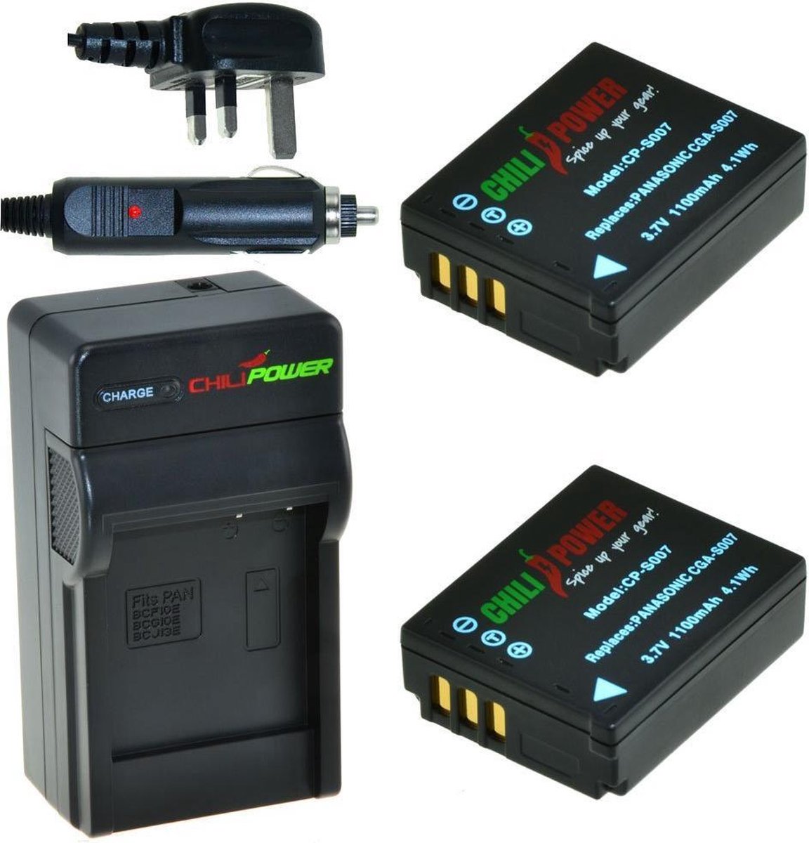 ChiliPower 2 x CGA-S007 accu's voor Panasonic - Charger Kit + car-charger - UK versie