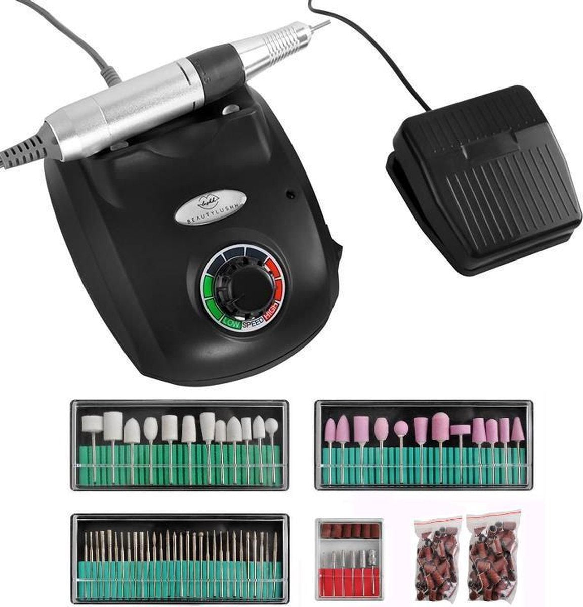 Beautylush Elektrische Nagelfrees Set 65W. Inclusief Schuurkapjes Wit.