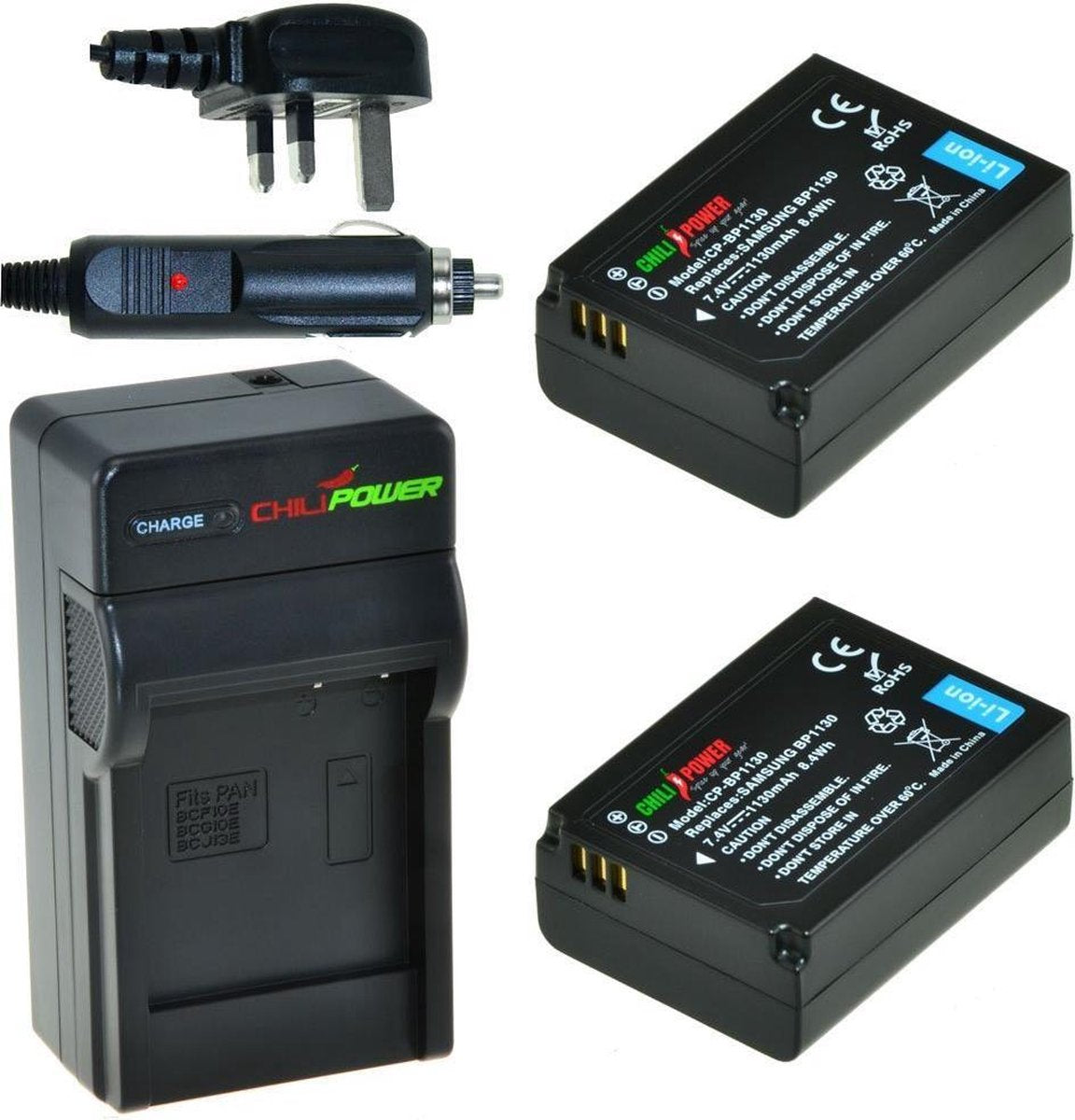 ChiliPower 2 x BP1030 accu's voor Samsung - Charger Kit + car-charger - UK versie