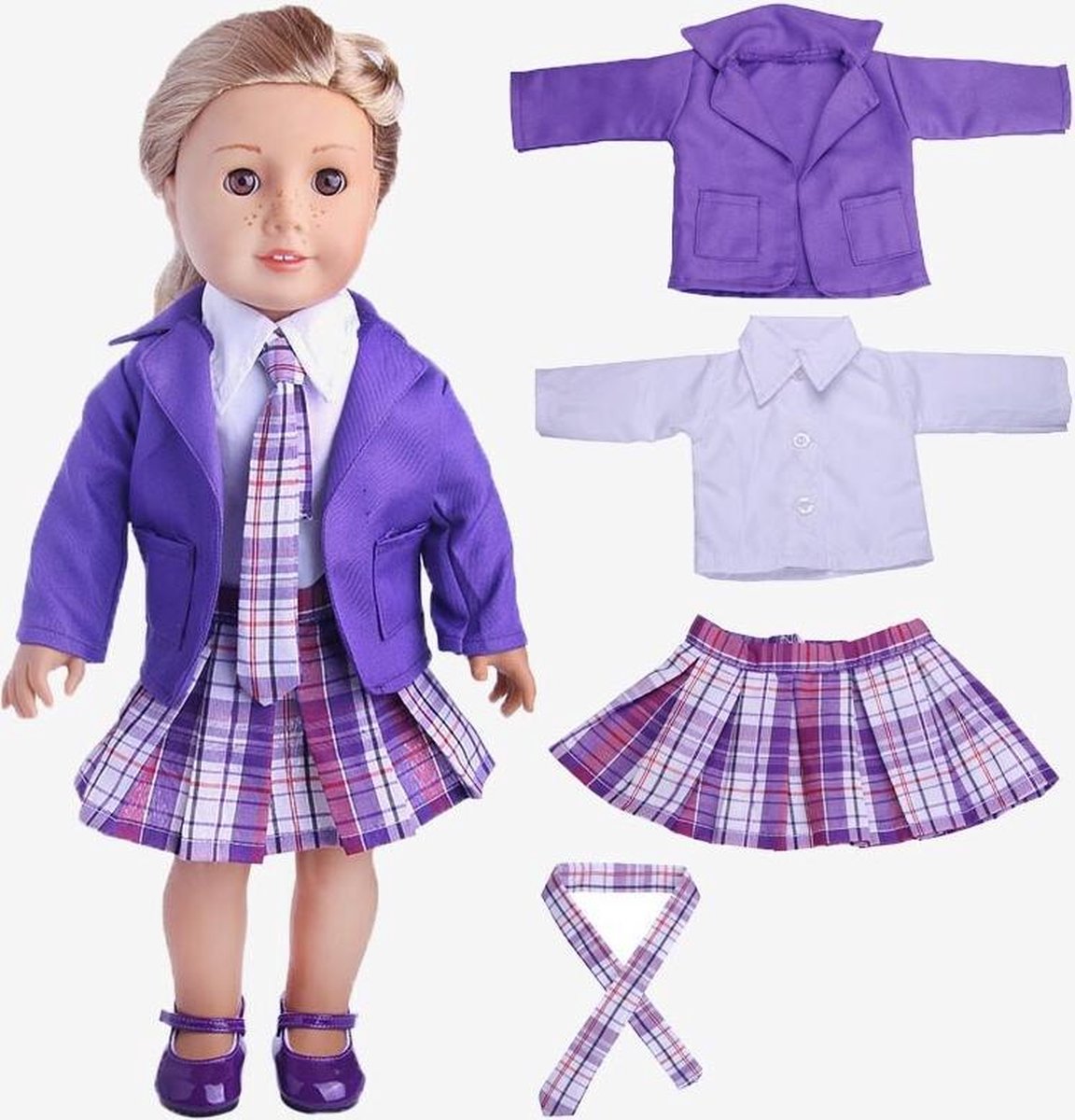 Schooluniform voor poppen - Kledingset schoolmeisje paars - poppenkleding past op pop tot 43CM