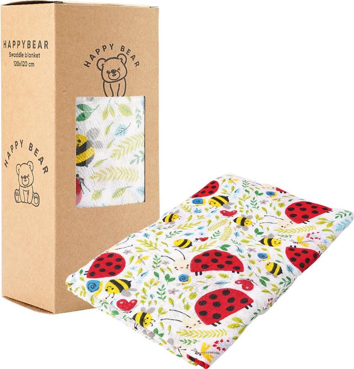 HappyBear - Hydrofiele swaddle doek – Lieveheersbeestjes | 120cm x 120cm | Inbakerdoek