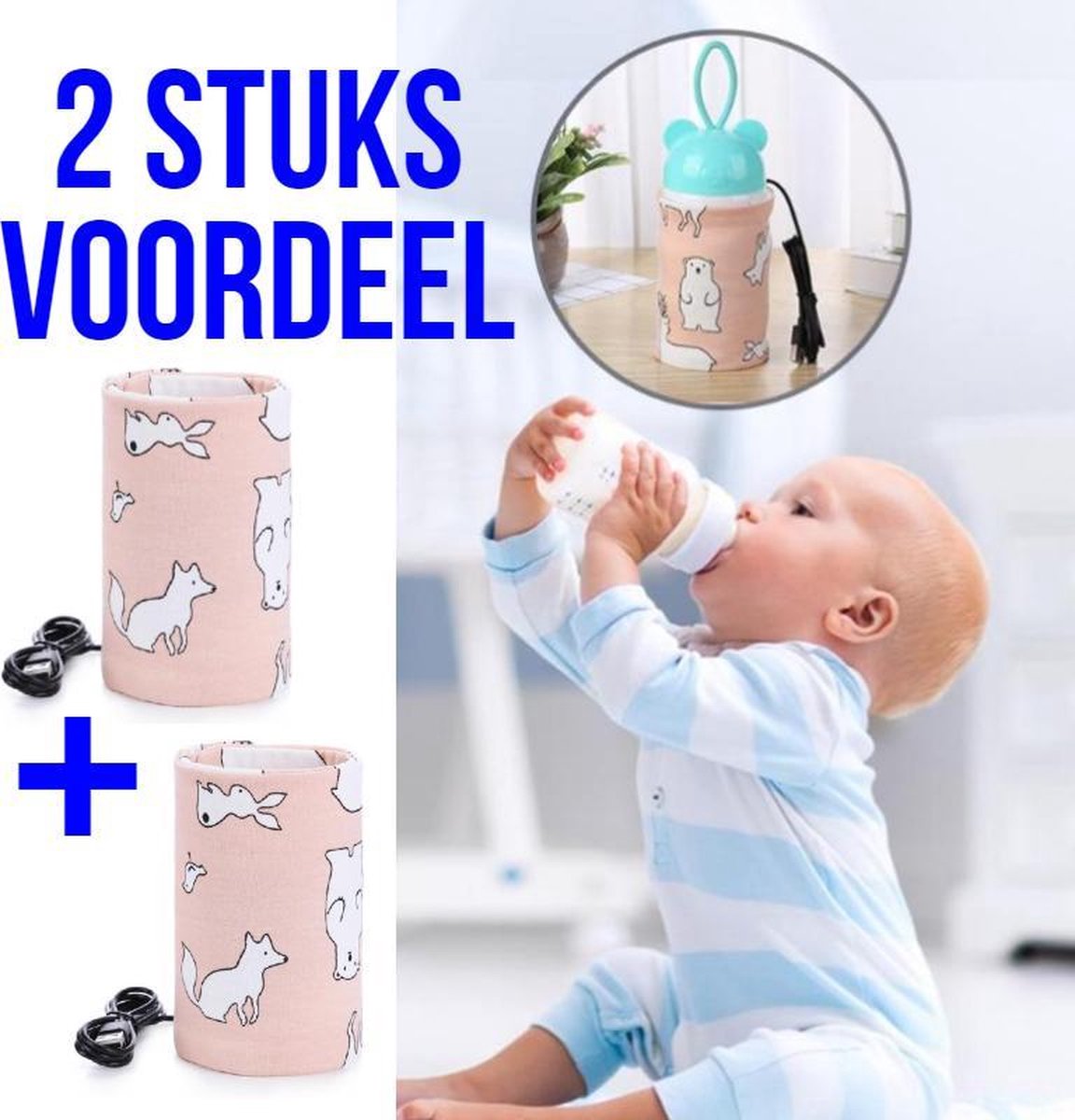 Allernieuwste 2 STUKS USB Baby Fles Warmer model Roze Dieren - Heater - Reisaccessoire - Draagbaar - Klittenband - Kleur