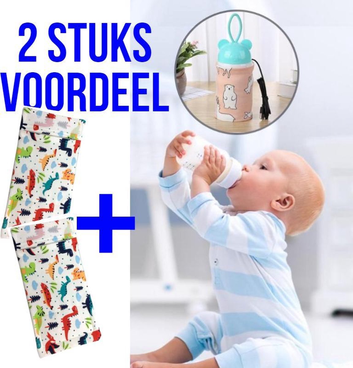Allernieuwste 2 STUKS USB Baby Fles Warmer model Dinosaurus - Heater - Reisaccessoire - Draagbaar - Klittenband - Kleur