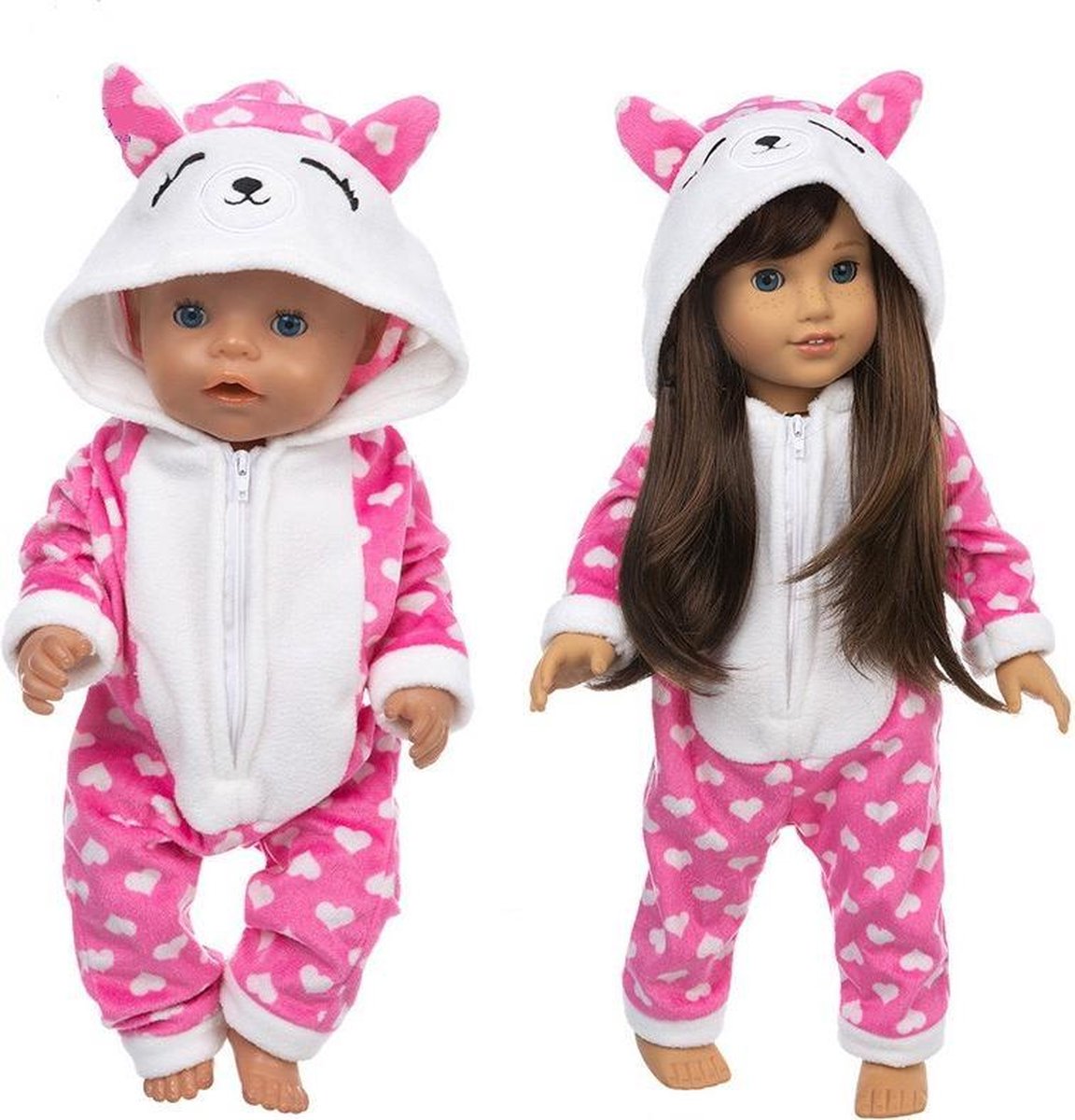 Poppenkleding - Roze dieren onesie met hartjes - Katten pakje voor pop tot 43CM