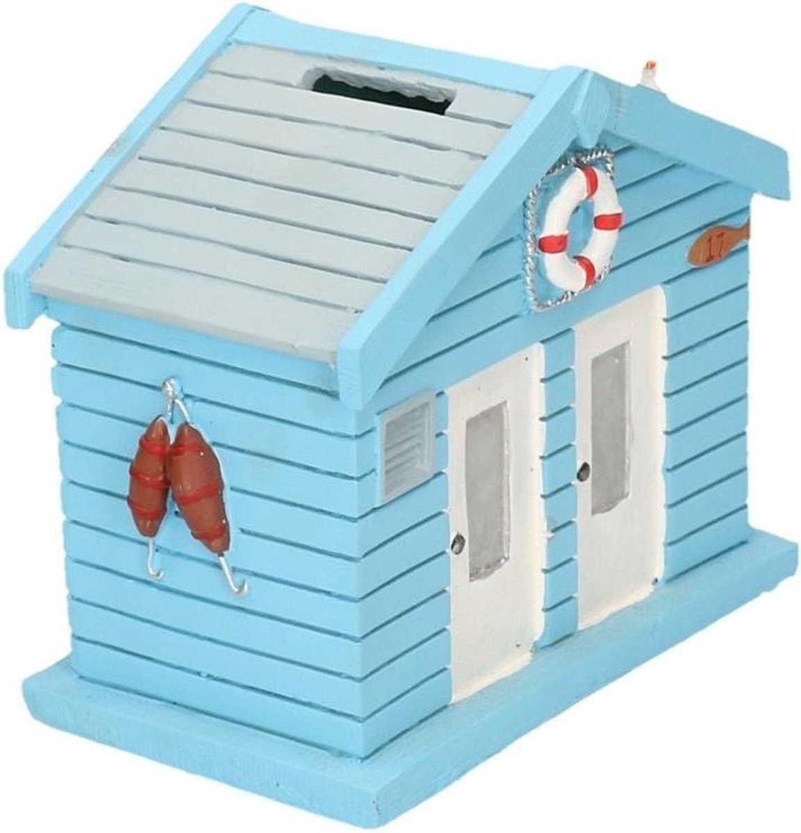Spaarpot strandhuis blauw van polystone 13 cm - Strandhuizen spaarpotten - Cadeau idee