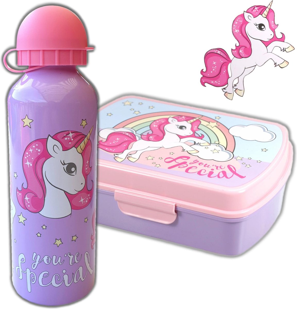Broodtrommel + drinkfles Unicorn | Lunchbox Eenhoorn kinderen LS03