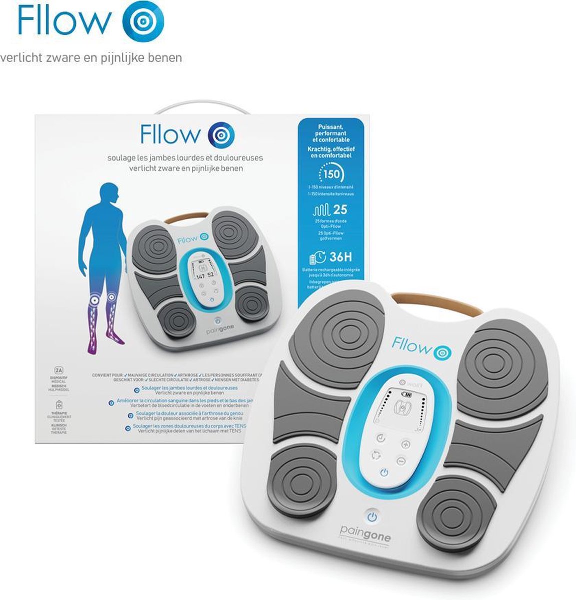 Paingone Fllow - verlicht zware en pijnlijke benen- Bloedsomloop stimulator- Herlaadbare batterij- Afstandsbediening met groot LCD-scherm