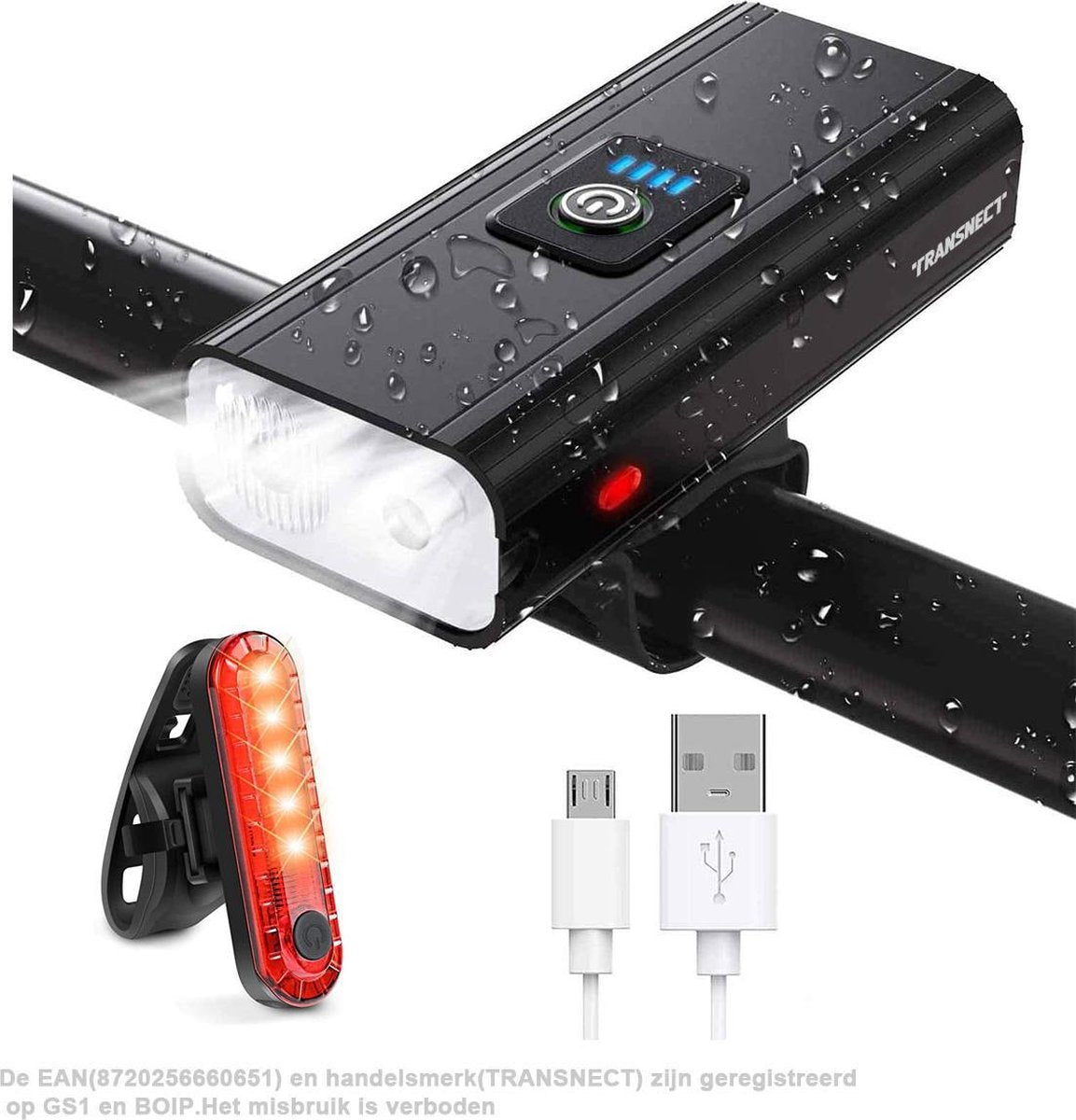 Fietsverlichting USB oplaadbaar - 800 Lumen - 1800mAh Lithium Battery - IPX4 - LED verlichting - Voor en Achter - Waterdicht - LED power indicator - Inclusief 2 Battery