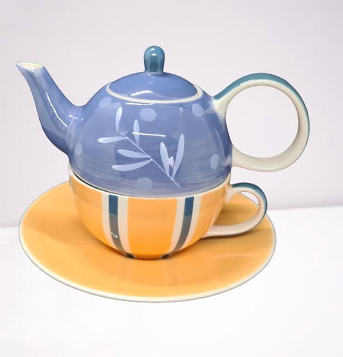 Tea for one set - Theeset - Keramiek - Handgeschilderd - Blauw-oranje