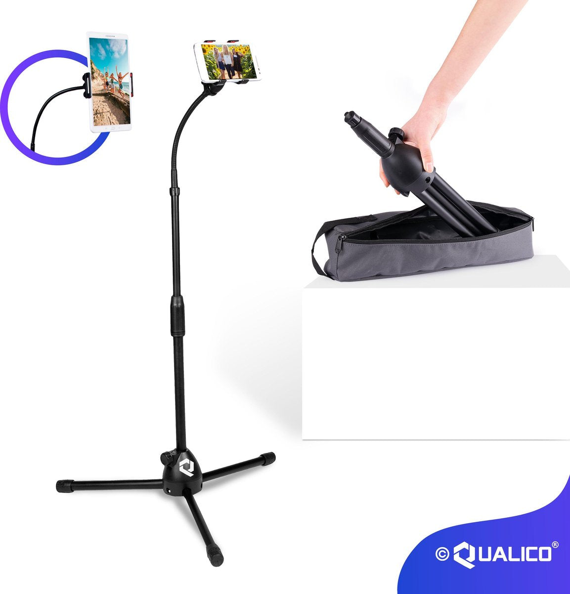Tablet & Smartphone Statief + LUXE Draagtas  - De Standaard Telefoon Houder tot 105 cm Hoog- De Tripod & Staander voor elke Ipad
